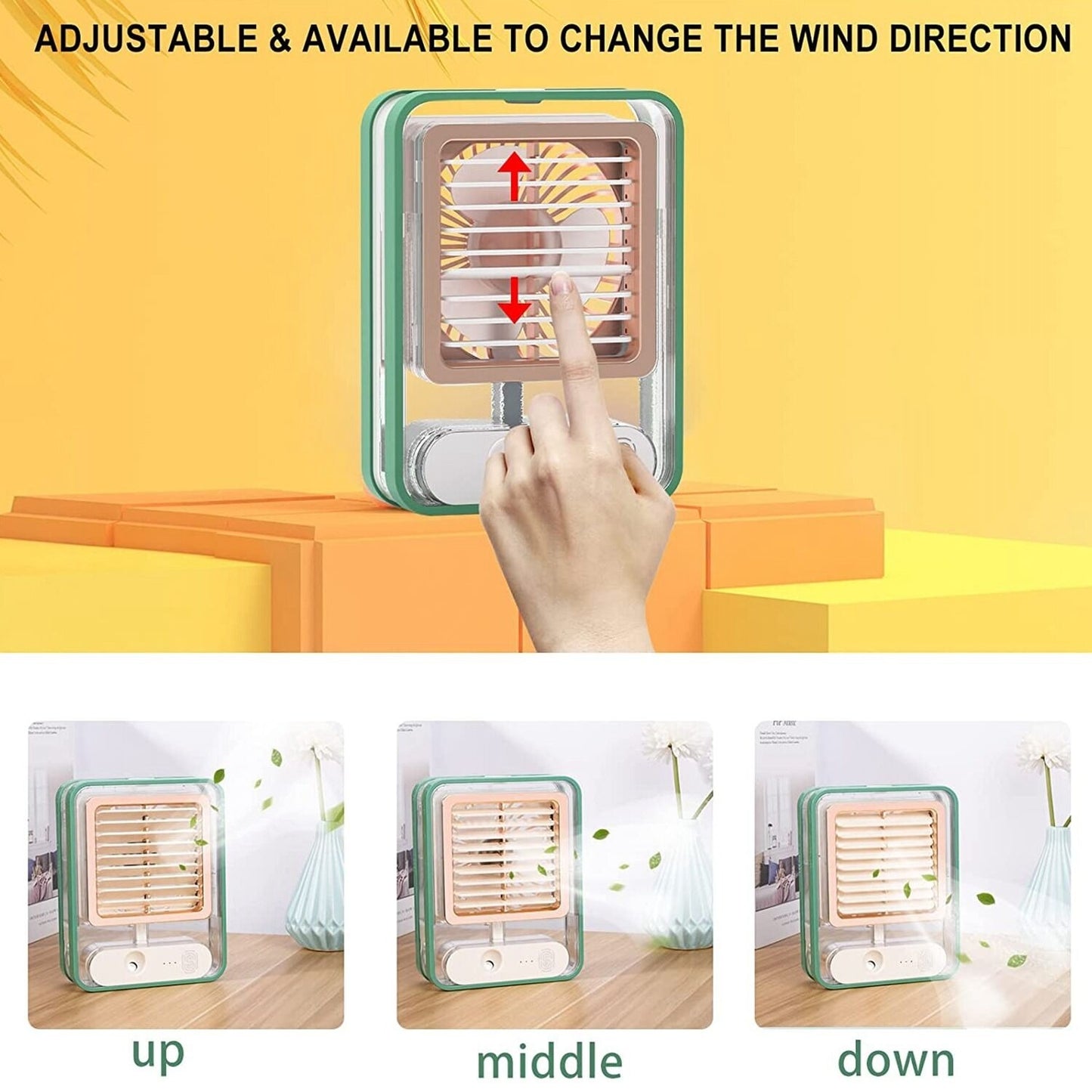 Mini Refroidisseur D’air Portable À Glaçons À 3 Vitesses avec LED intégré مبرد هواء صغير محمول على شكل مكعبات ثلج بثلاث سرعات ومزود بإضاءة LED مدمجة.