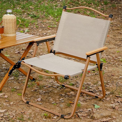 Chaise de Camping Pliable Ultra-Légère – Dossier Bas, Accoudoirs en Bois – Jardin, Plage, Pique-nique, Pêche, BBQ