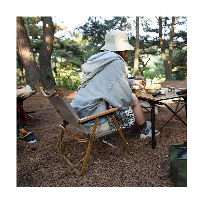 Chaise de Camping Pliable Ultra-Légère – Dossier Bas, Accoudoirs en Bois – Jardin, Plage, Pique-nique, Pêche, BBQ