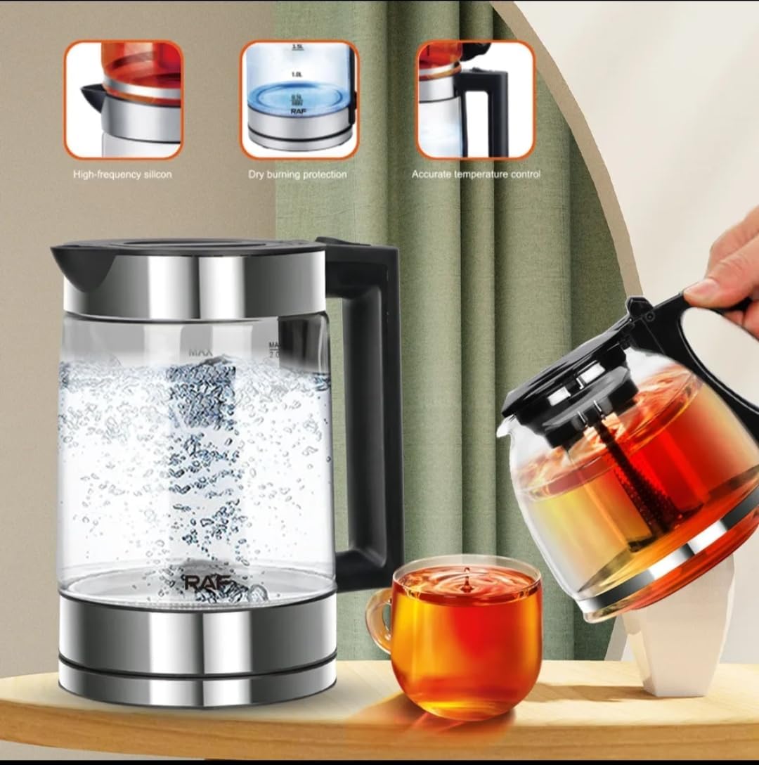 غلاية كهربائية مع ابريق شاي تركي |Bouilloire électrique en verre à eau intelligente plateau théière مجموعة فن الشاي القياسية الاوروبية سعة 1.8 لتر + 0.6 لتر، غلاية كهربائية عازلة للحرارة وصينية فنون الشاي من...