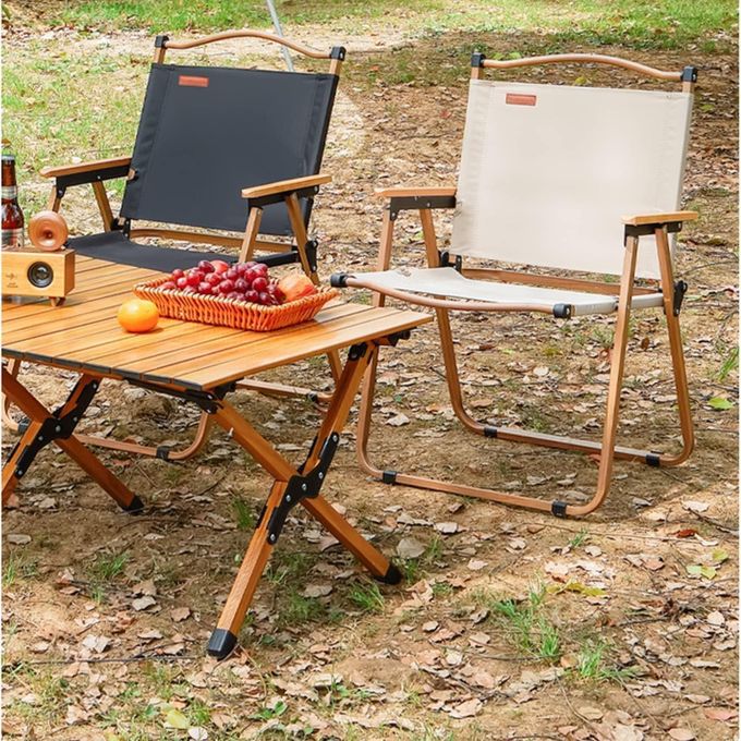 Chaise de Camping Pliable Ultra-Légère – Dossier Bas, Accoudoirs en Bois – Jardin, Plage, Pique-nique, Pêche, BBQ