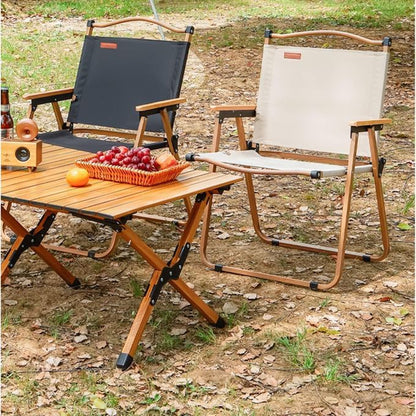Chaise de Camping Pliable Ultra-Légère – Dossier Bas, Accoudoirs en Bois – Jardin, Plage, Pique-nique, Pêche, BBQ