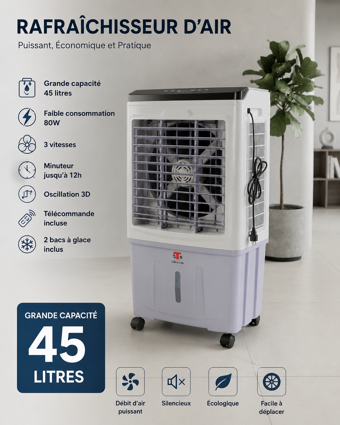 Refroidisseur d'air Portable, Climatiseur Mobile , Ventilateur Climatiseur Tactile À 3 Vitesses Et Fonctionnement Silencieux De L'humidificateur, pour La Maison, Le Bureau 45L