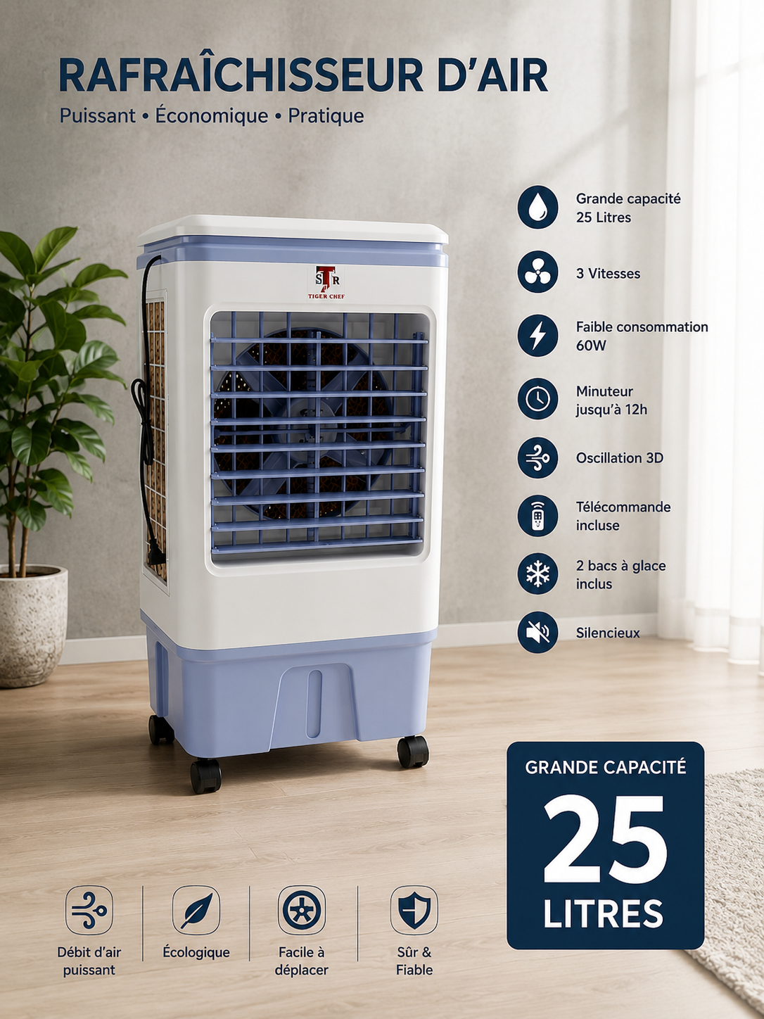 Refroidisseur d'air Portable, Climatiseur Mobile , Ventilateur Climatiseur Tactile À 3 Vitesses Et Fonctionnement Silencieux De L'humidificateur, pour La Maison, Le Bureau 45L