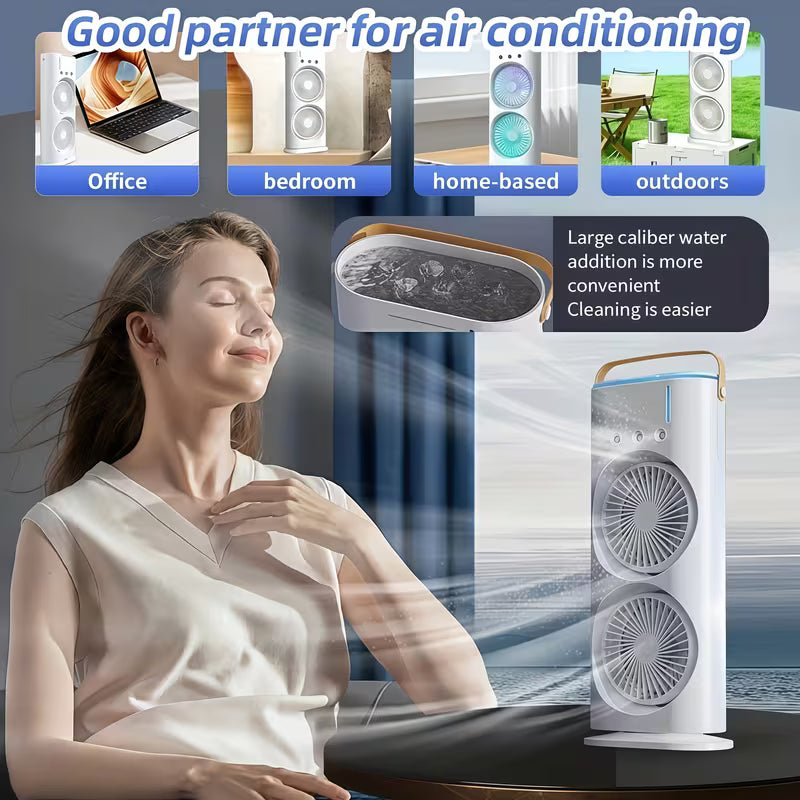 مروحة مكتب محمولة مع تصميم أنيق وصغير، تعمل بهدوء وتوفر تبريد مزدوج مع ميزة التبخير. مثالية للمكتب، المنزل أو أثناء التنقل
