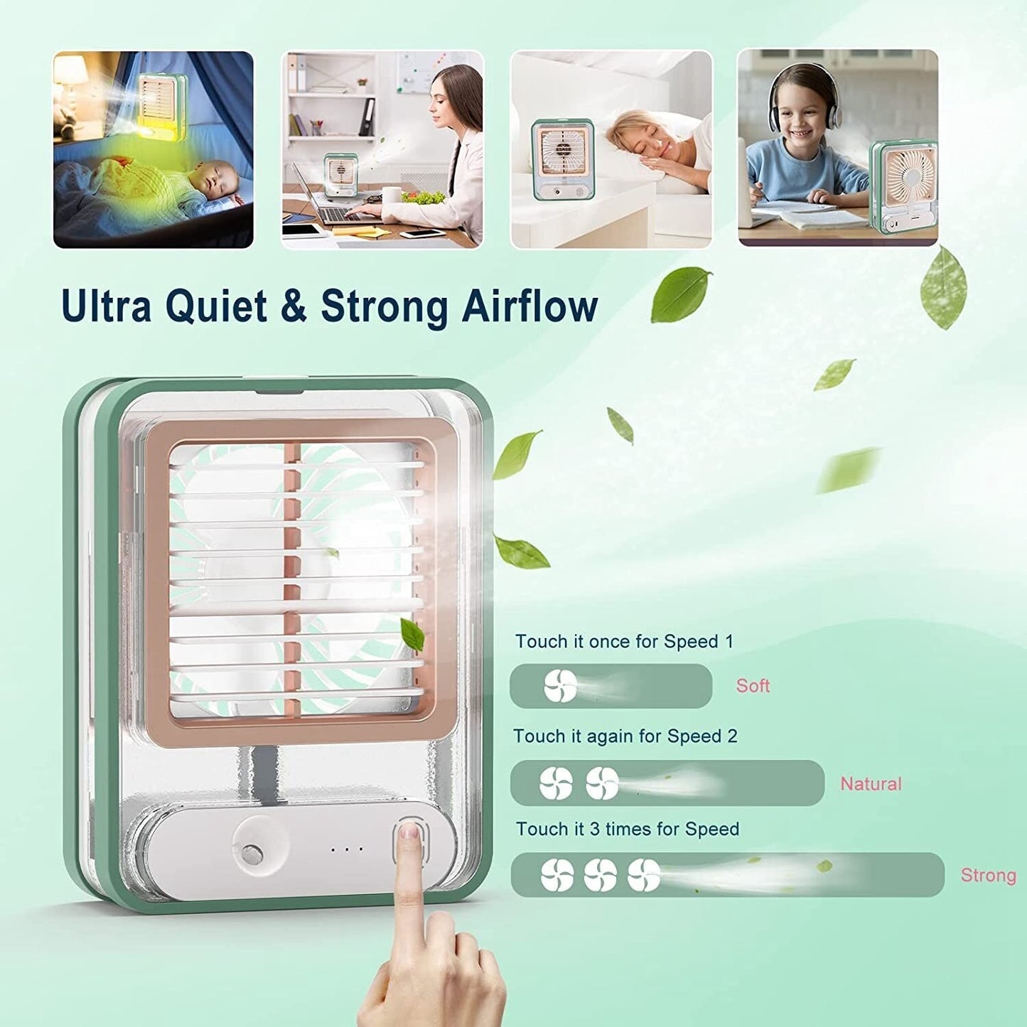 Mini Refroidisseur D’air Portable À Glaçons À 3 Vitesses avec LED intégré  مبرد هواء صغير محمول على شكل مكعبات ثلج بثلاث سرعات ومزود بإضاءة LED مدمجة.