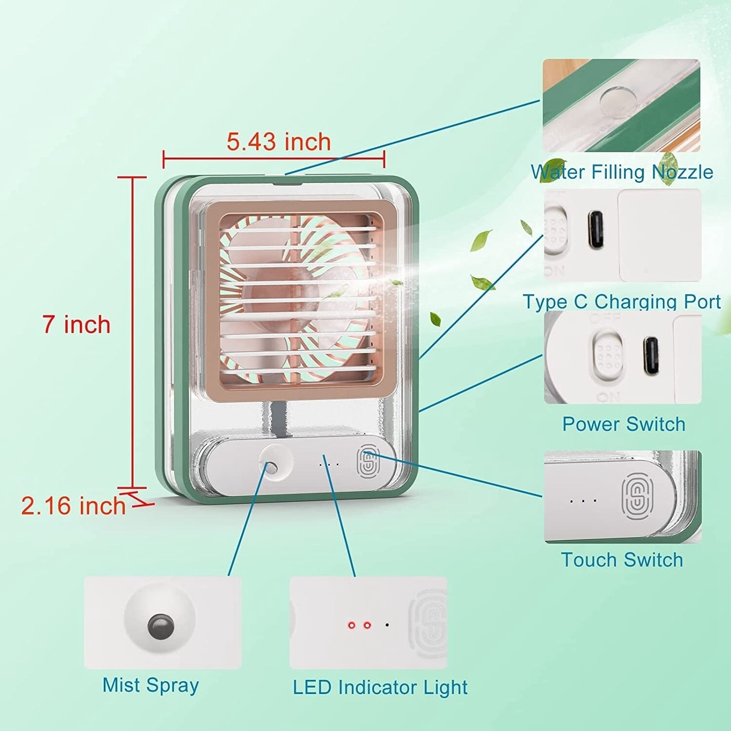 Mini Refroidisseur D’air Portable À Glaçons À 3 Vitesses avec LED intégré  مبرد هواء صغير محمول على شكل مكعبات ثلج بثلاث سرعات ومزود بإضاءة LED مدمجة.