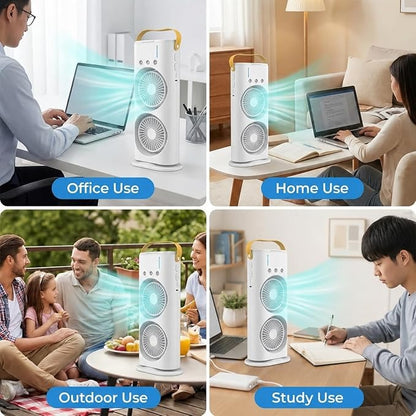 مروحة مكتب محمولة مع تصميم أنيق وصغير، تعمل بهدوء وتوفر تبريد مزدوج مع ميزة التبخير. مثالية للمكتب، المنزل أو أثناء التنقل
